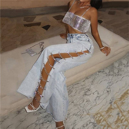 Diamond Patch Side Cutout Flared Jeans