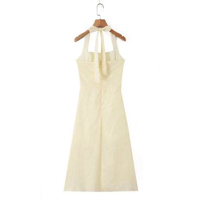Light mature style elegant hanging neck mid length dress