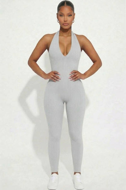 Halter V Neck Ribbed Bodycon Jumpsuit