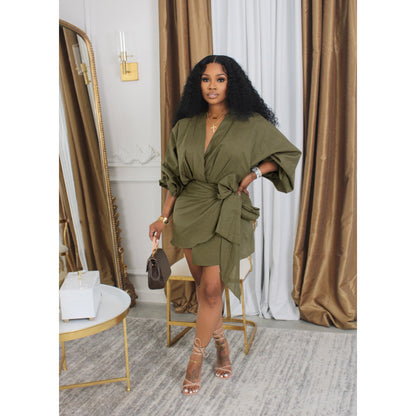 Fashion linen V-neck strap mid length long sleeved dress