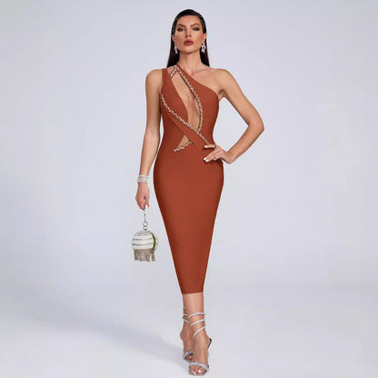 Bandage dress fashionable and sexy one shoulder slanted collar nail drill mesh dress