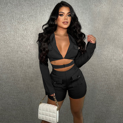Deep V solid color jumpsuit
