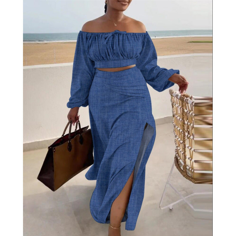 Solid Color Sleeveless Off-Shoulder Top with Slit Dress Two-Piece Set