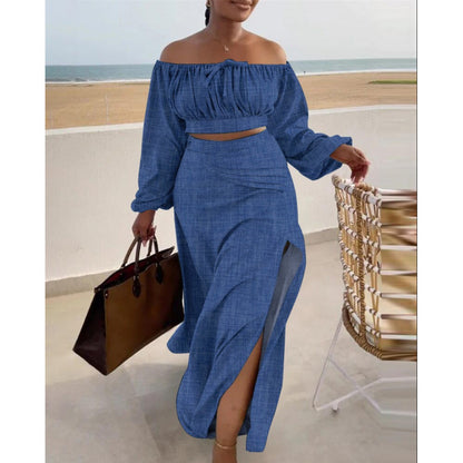 Solid Color Sleeveless Off-Shoulder Top with Slit Dress Two-Piece Set