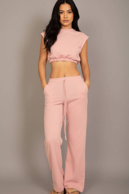 Elastic Hem Crop Top & Wide Leg Pants Set