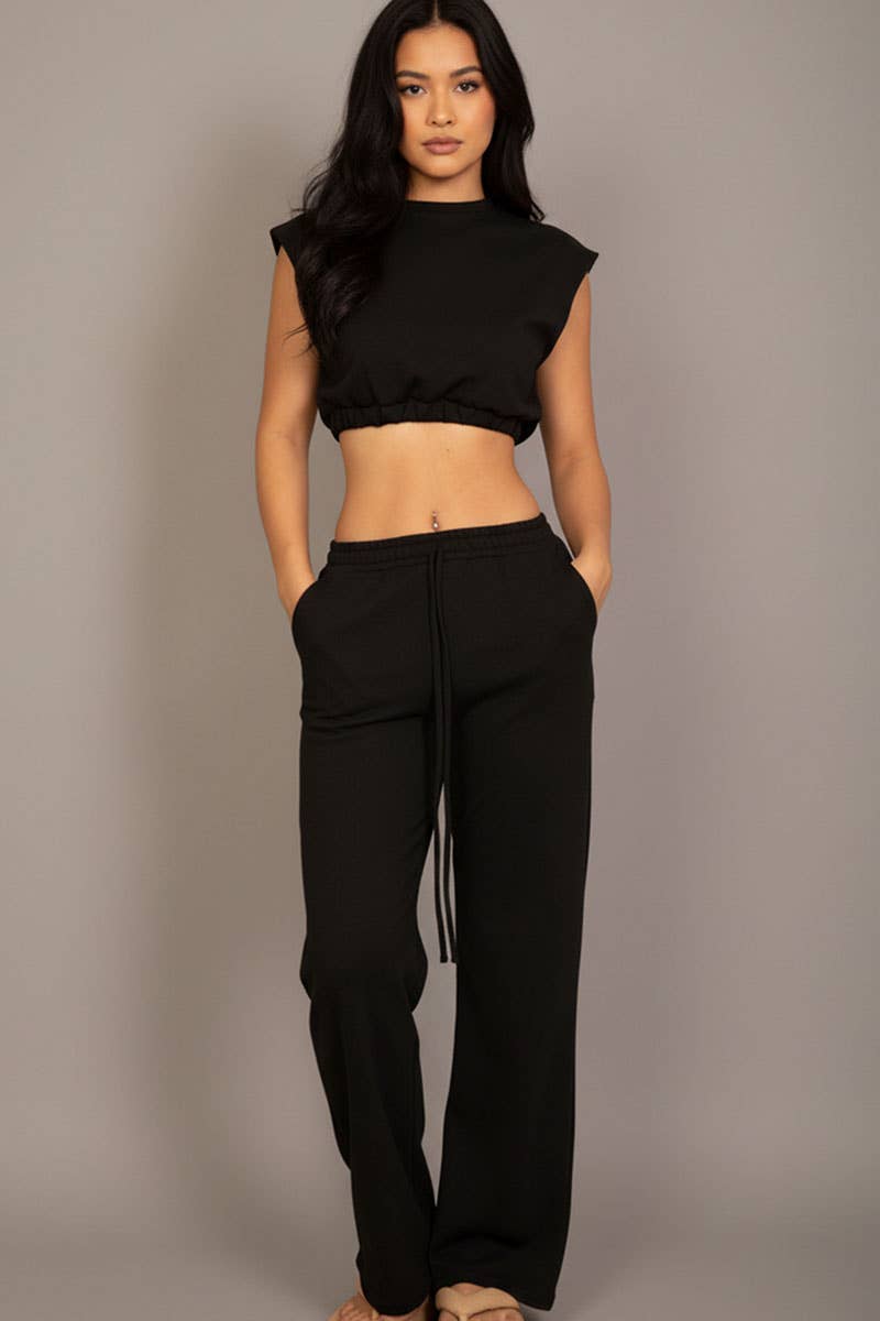 Elastic Hem Crop Top & Wide Leg Pants Set