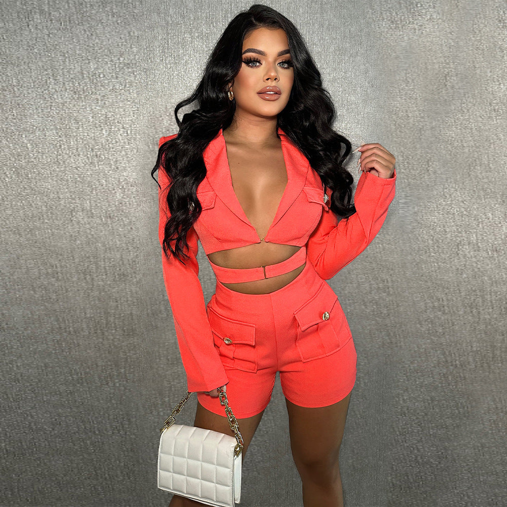 Deep V solid color jumpsuit