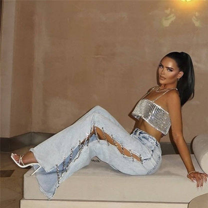 Diamond Patch Side Cutout Flared Jeans