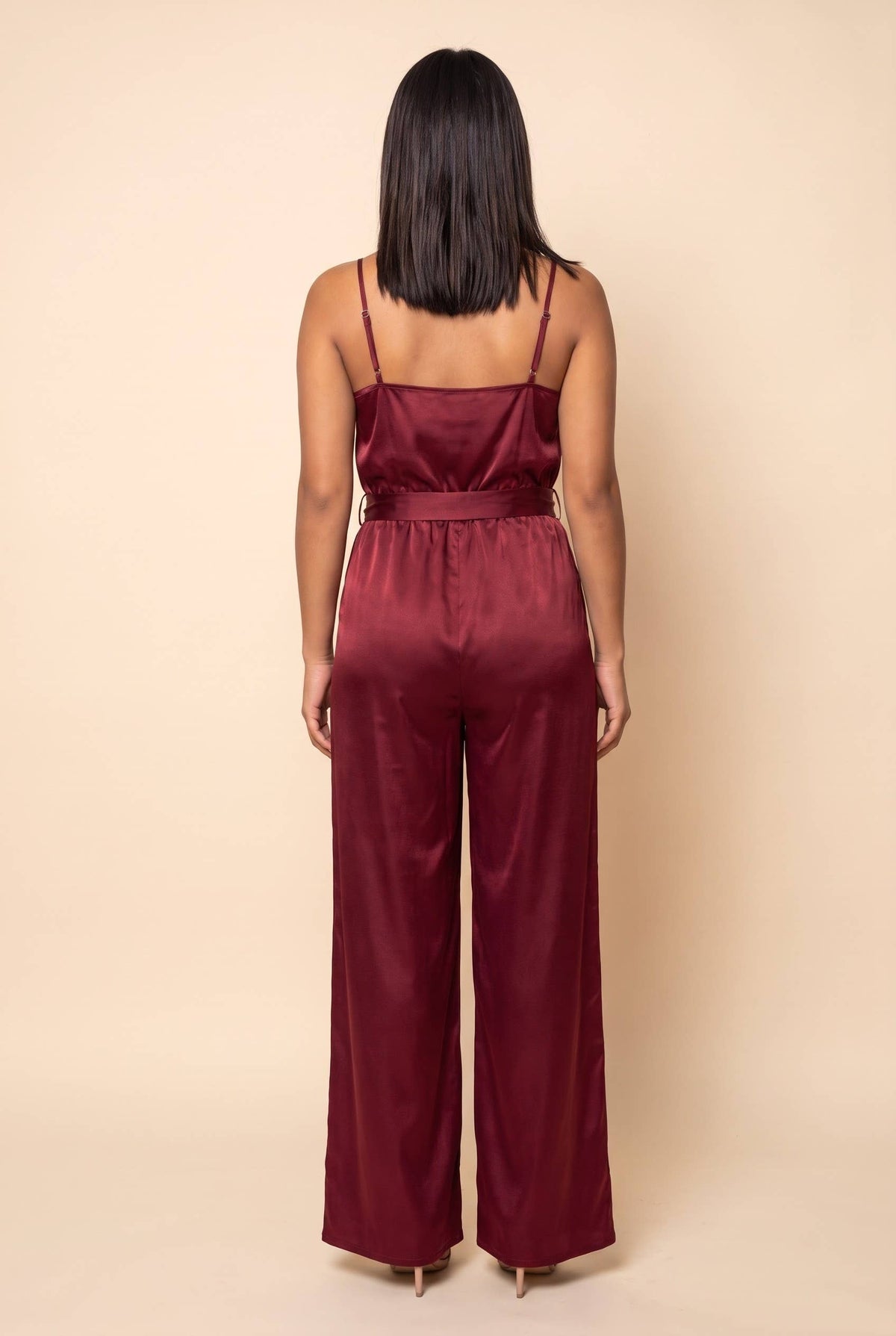Bordeaux Lace-Trim Satin Jumpsuit