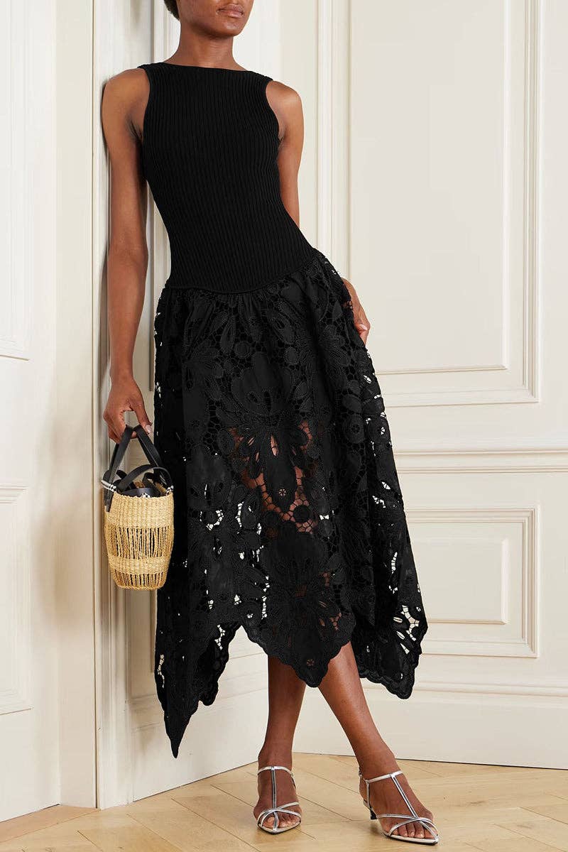 Asymmetric Lace Overlay Midi Dress