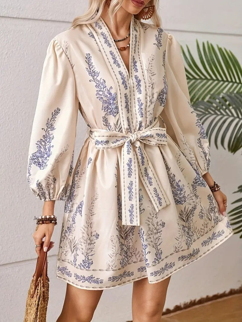 Bohemian Print V-Neck Long Sleeve DressFashion Casual Dress