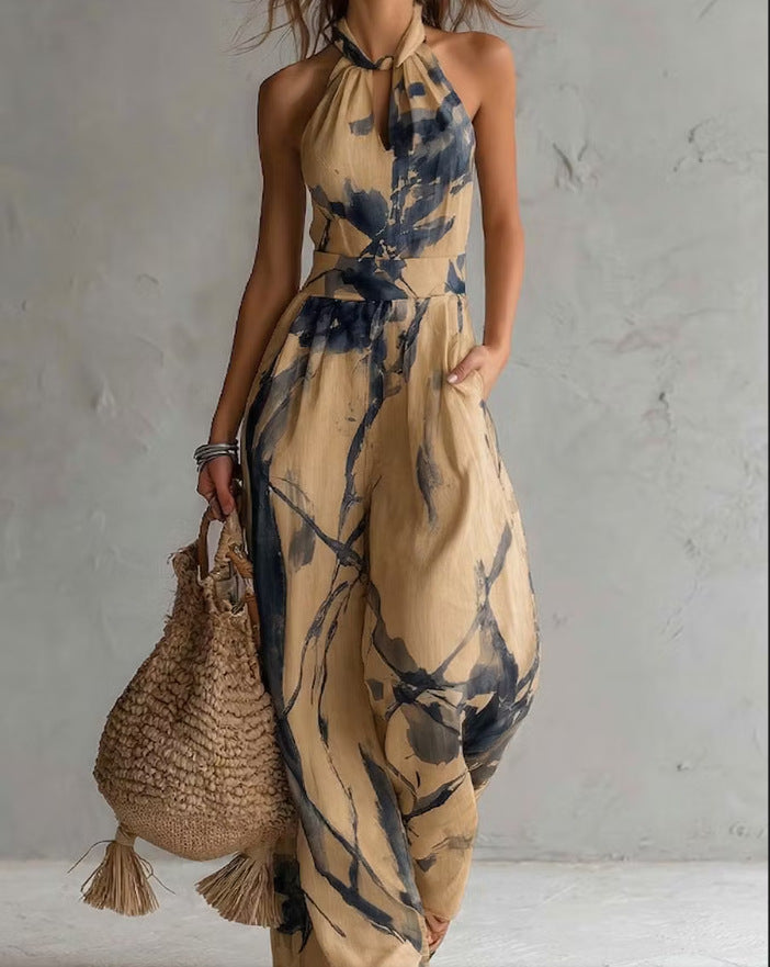 New halter backless jumpsuit, blue and white tie-dye wide-leg pants, summer beach women's wear