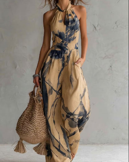 New halter backless jumpsuit, blue and white tie-dye wide-leg pants, summer beach women's wear