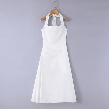 Light mature style elegant hanging neck mid length dress