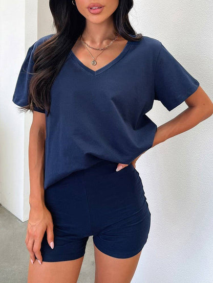 Solid V Neck Casual Set