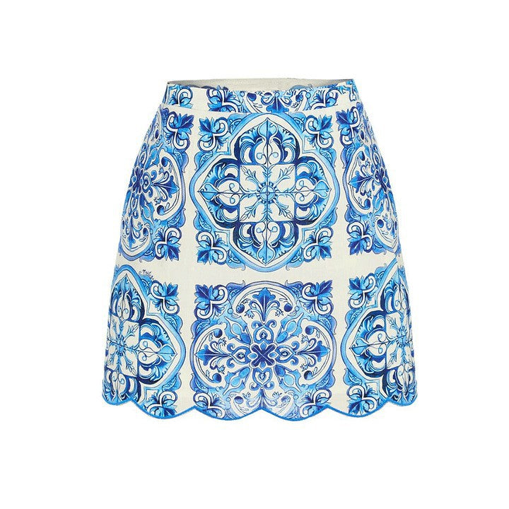 Blue Printed One-Piece Swimsuit for Women Beach Vacation Swimwear