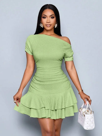 Women's Summer Dress Asymmetrical Shoulder Ruffle Detail Dress