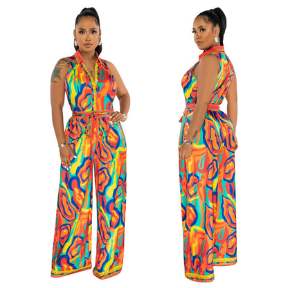 Printed sleeveless V-neck wide leg jumpsuit for women