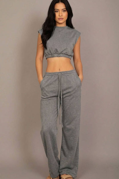 Elastic Hem Crop Top & Wide Leg Pants Set