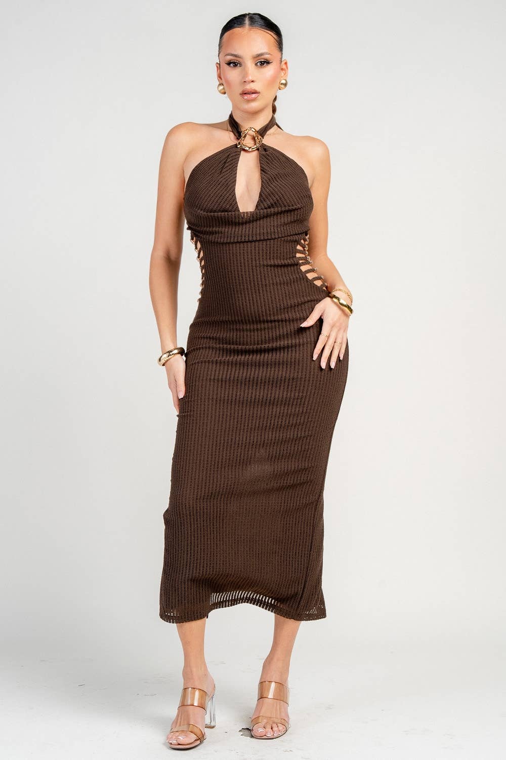 Noir Cowl-Neck Knit Midi Dress