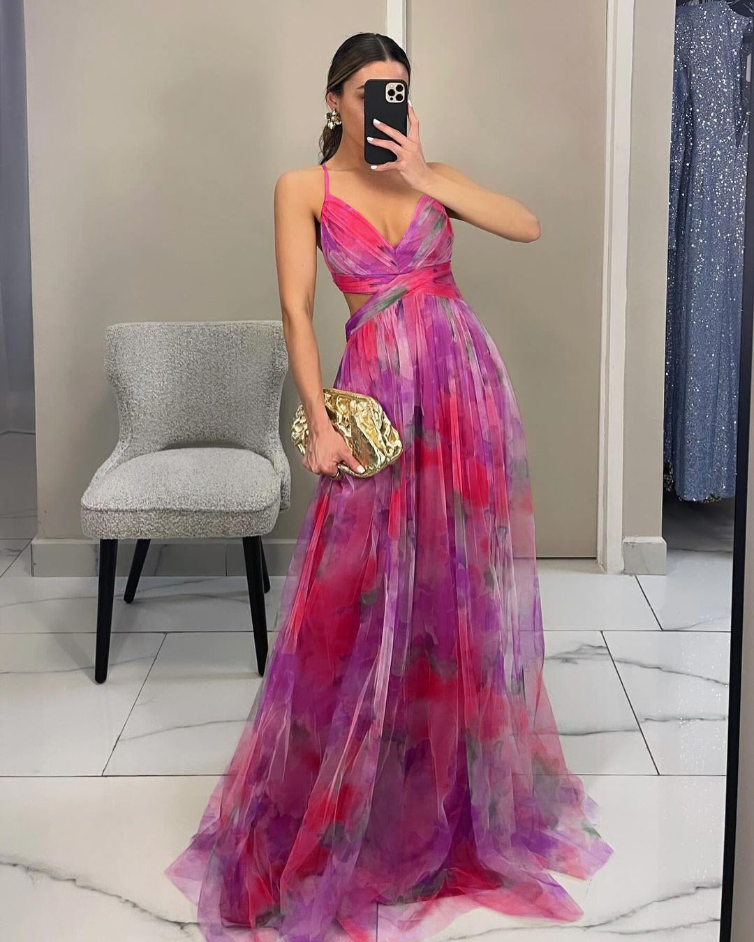 Net-silk printed dress