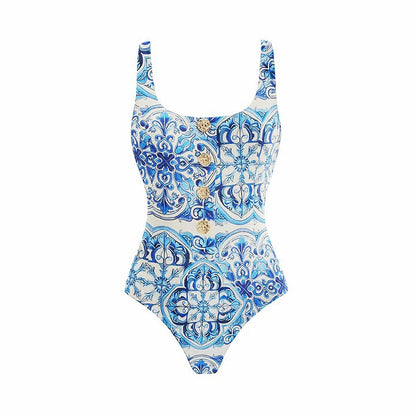 Blue Printed One-Piece Swimsuit for Women Beach Vacation Swimwear