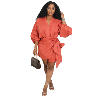 Fashion linen V-neck strap mid length long sleeved dress