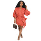 Fashion linen V-neck strap mid length long sleeved dress