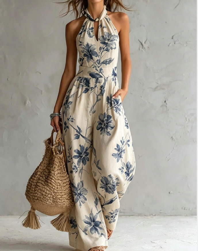 New halter backless jumpsuit, blue and white tie-dye wide-leg pants, summer beach women's wear