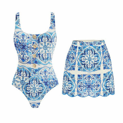 Blue Printed One-Piece Swimsuit for Women Beach Vacation Swimwear