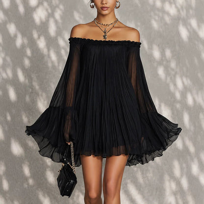 Elegant Black Off-Shoulder Backless Pleated Lantern Sleeve Mini Dress