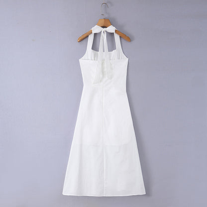 Light mature style elegant hanging neck mid length dress