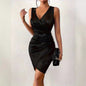 Sexy Bodycon Fashion V-Neck Casual Color-block Button Solid Metallic Pleated Fitted Dress