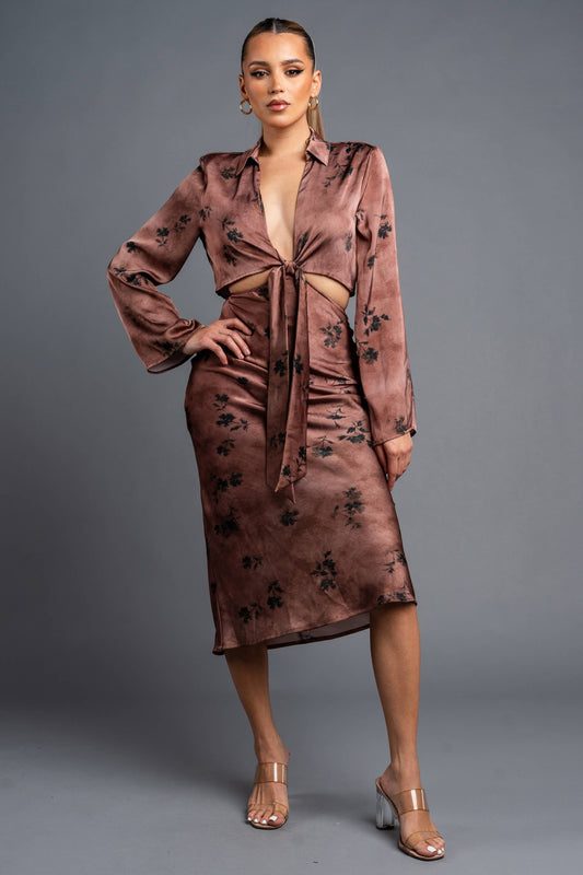 Autumn Bloom Satin Midi Dress