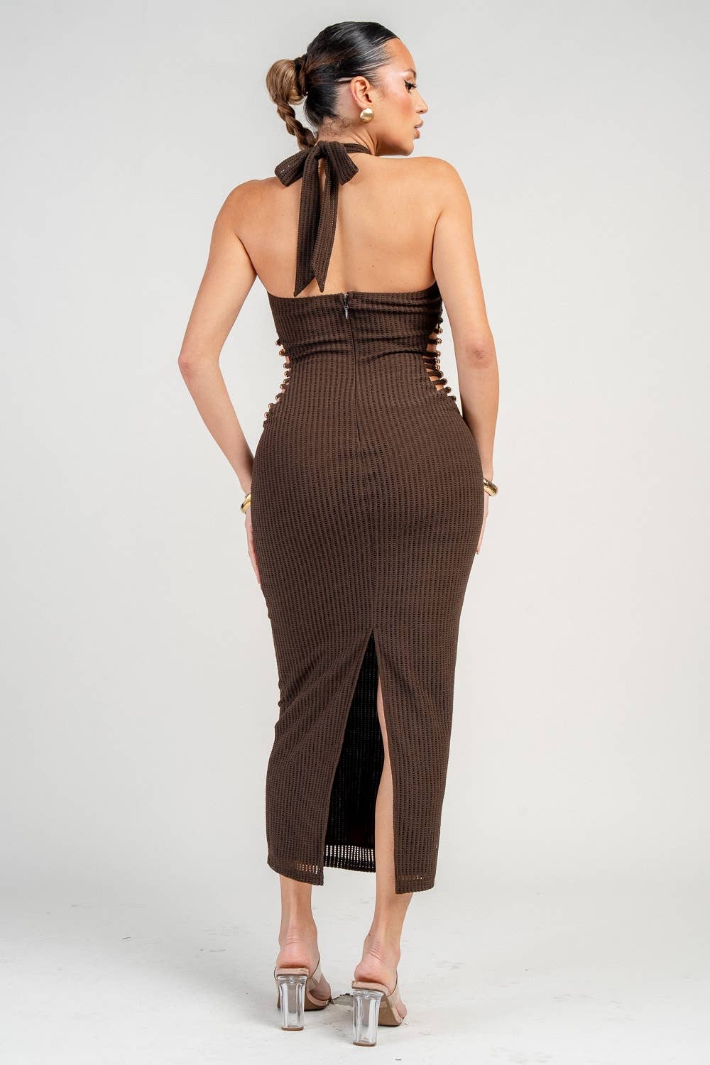 Noir Cowl-Neck Knit Midi Dress