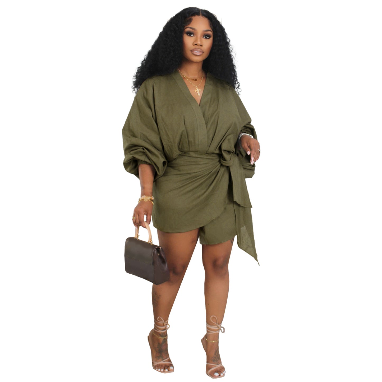 Fashion linen V-neck strap mid length long sleeved dress