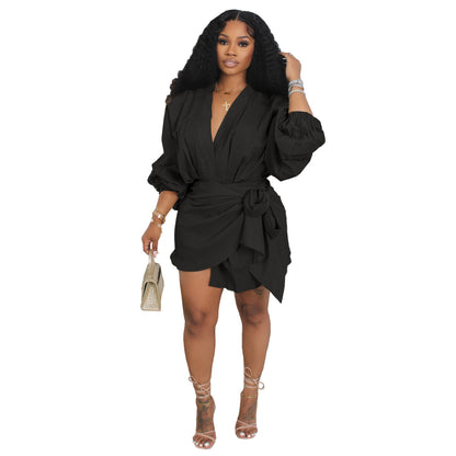 Fashion linen V-neck strap mid length long sleeved dress