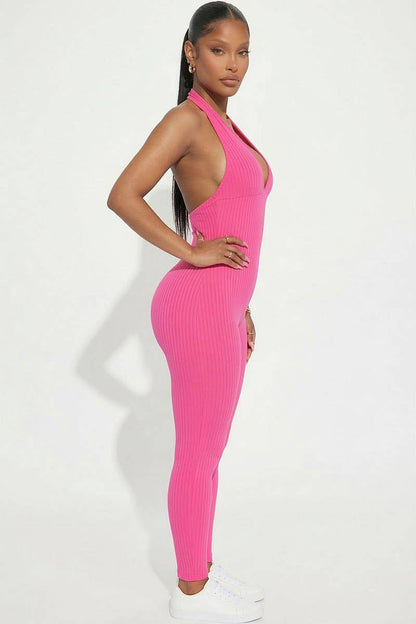 Halter V Neck Ribbed Bodycon Jumpsuit