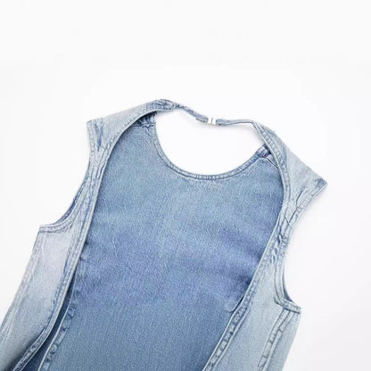 Fashionable temperament round neck backless lace up vintage denim vest for women