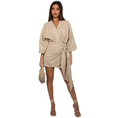 Fashion linen V-neck strap mid length long sleeved dress