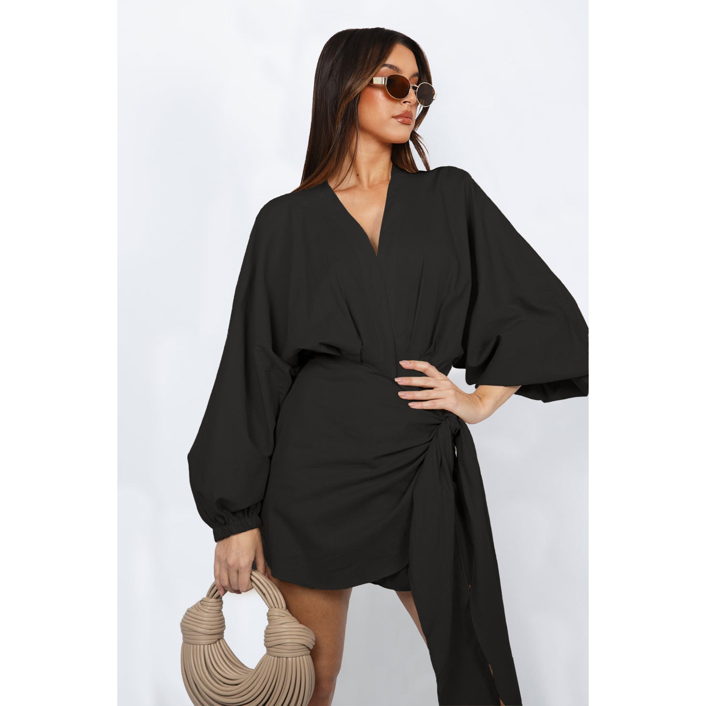 Fashion linen V-neck strap mid length long sleeved dress