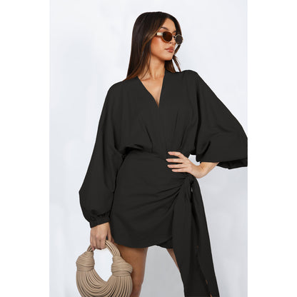 Fashion linen V-neck strap mid length long sleeved dress