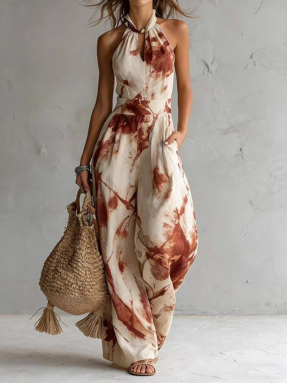 New halter backless jumpsuit, blue and white tie-dye wide-leg pants, summer beach women's wear