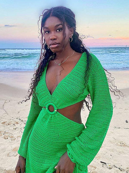 Square Neck Long Sleeves Mini Dress Cover-Ups Swimwear