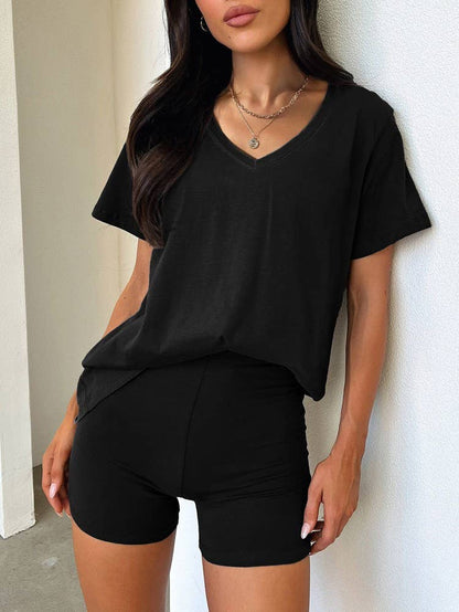 Solid V Neck Casual Set