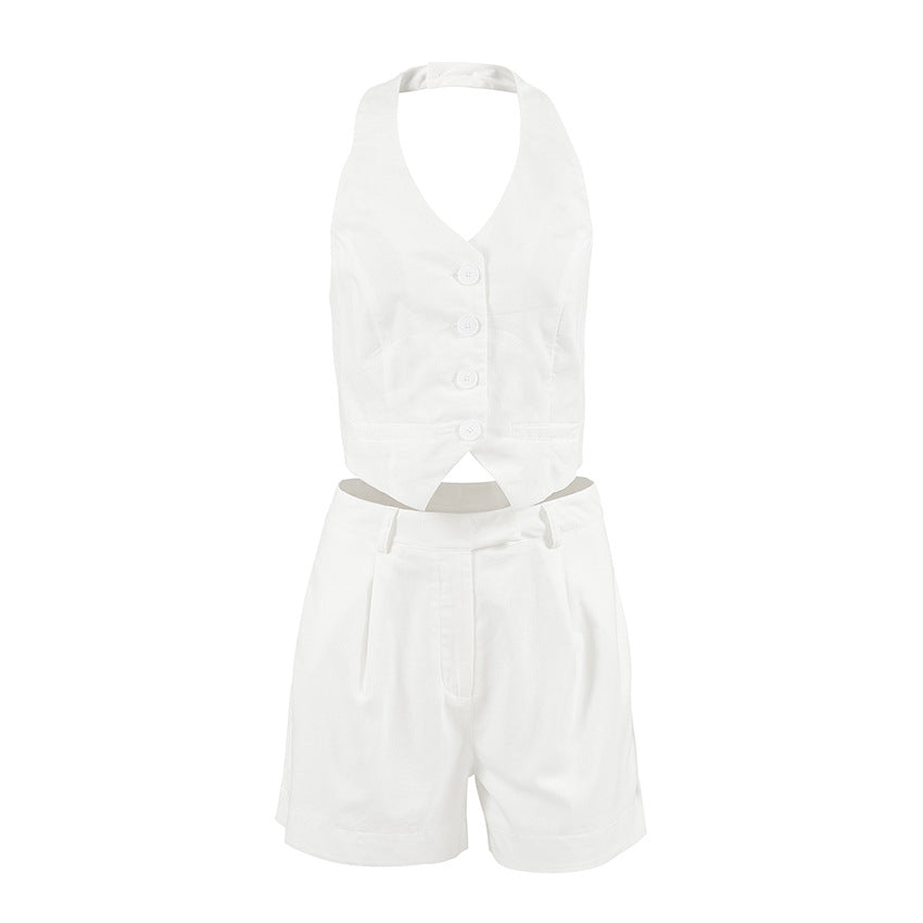 European and American V-neck hanging neck, backless vest, high waisted shorts set