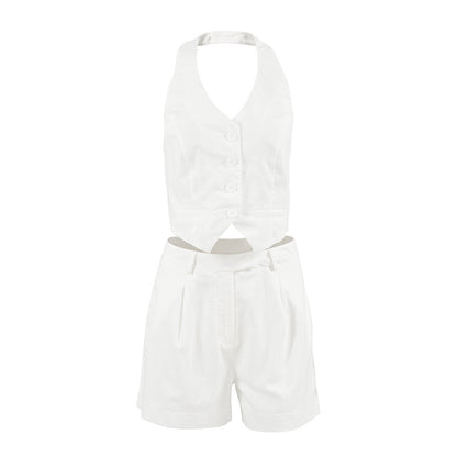 European and American V-neck hanging neck, backless vest, high waisted shorts set