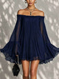 Elegant Black Off-Shoulder Backless Pleated Lantern Sleeve Mini Dress