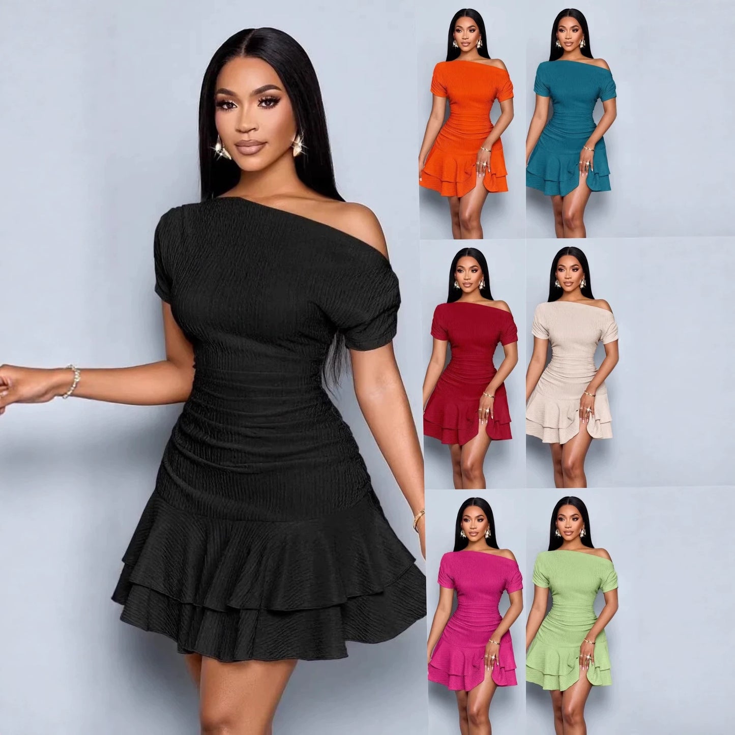Women's Summer Dress Asymmetrical Shoulder Ruffle Detail Dress