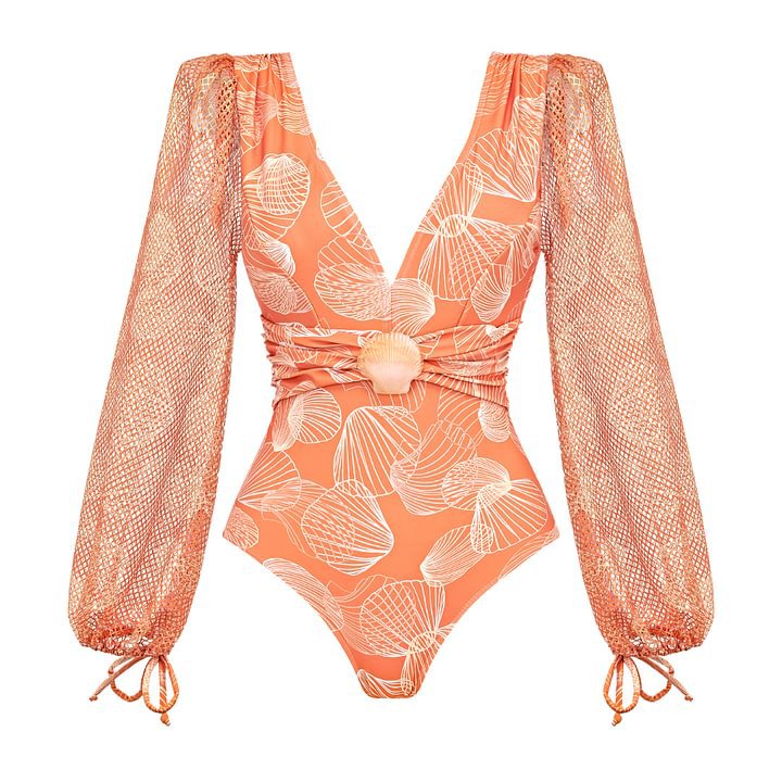 Long Sleeve Shell Decoration High-Waisted Bikini Swimwear